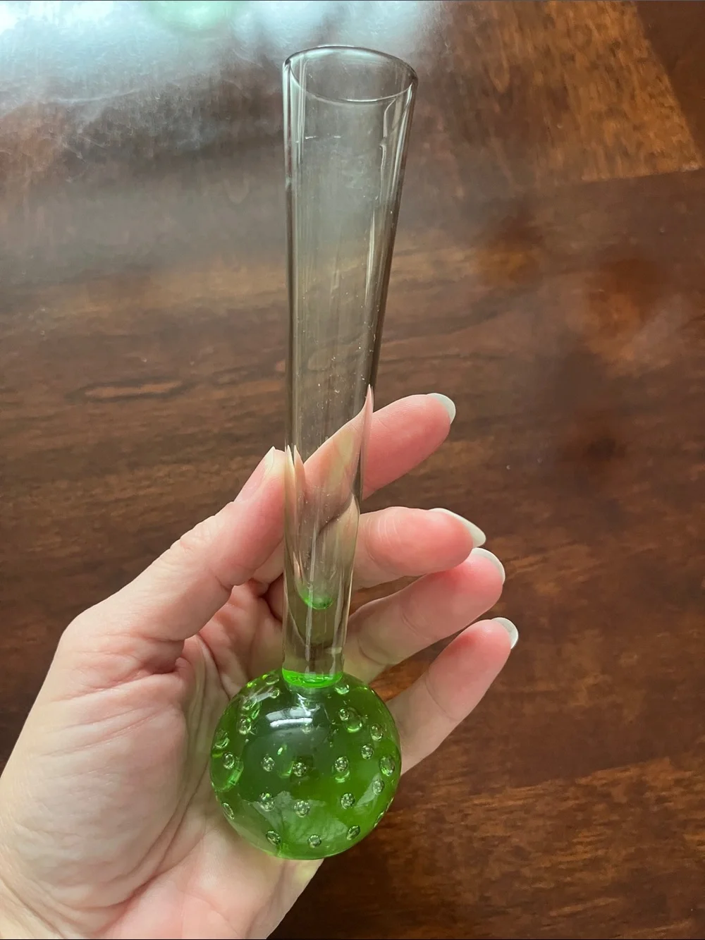 Beautiful Vintage Green Bubble-Base Bud Vase 7 inches tall by Baker Glass